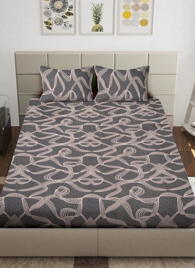 Arrabi Grey Abstract Cotton 310 TC Fitted King Fine Bedsheet with 2 Pillow Covers - Image 2