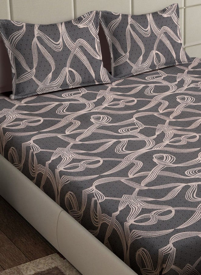 Arrabi Grey Abstract Cotton 310 TC Fitted King Fine Bedsheet with 2 Pillow Covers - Image 3