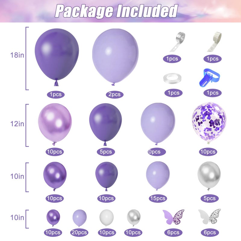 Amandir 144Pcs Purple Balloons Garland Arch Kit for Butterfly Baby Shower Decorations for Girl, 12Pcs Butterfly Stickers Lavender Purple Confetti Metallic Balloon for Birthday Wedding Party Decoration - Image 2
