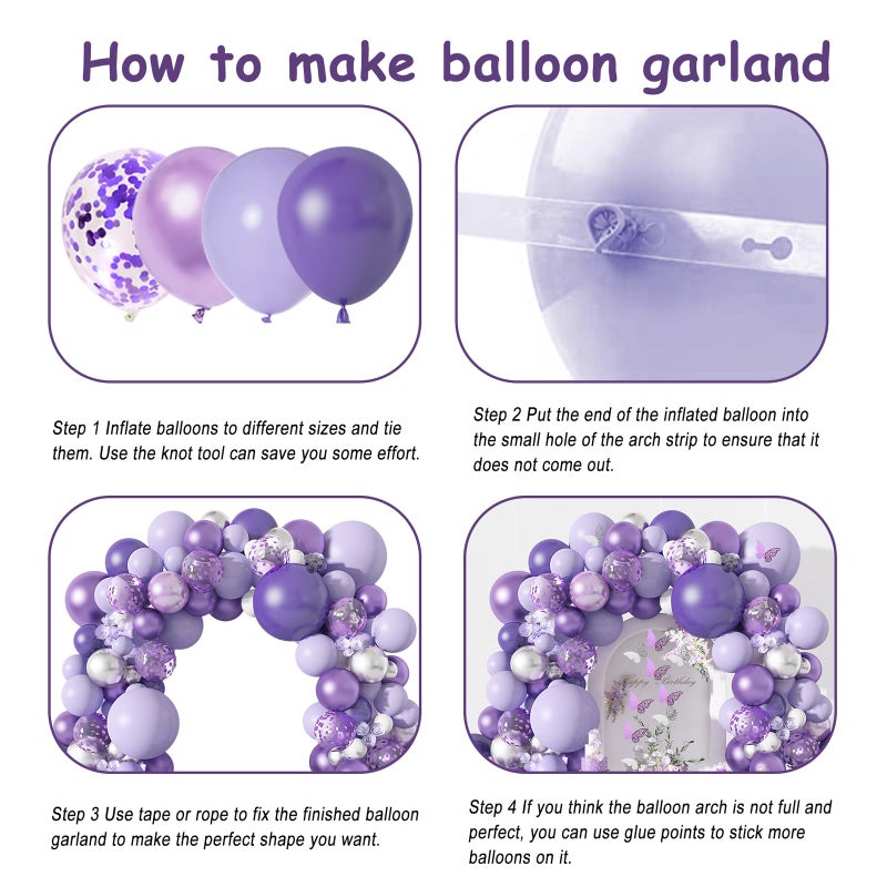 Amandir 144Pcs Purple Balloons Garland Arch Kit for Butterfly Baby Shower Decorations for Girl, 12Pcs Butterfly Stickers Lavender Purple Confetti Metallic Balloon for Birthday Wedding Party Decoration - Image 3