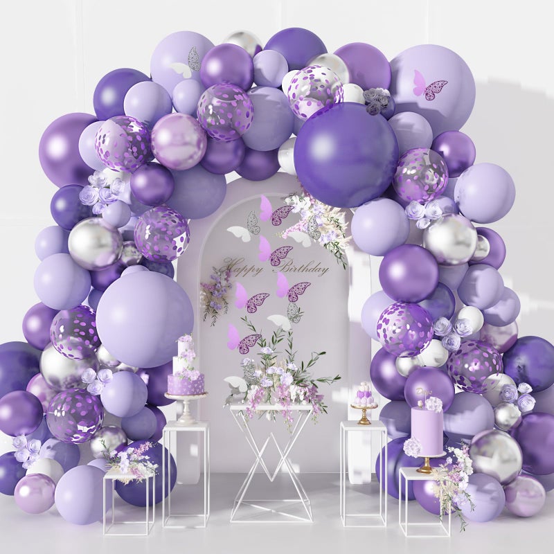 Amandir 144Pcs Purple Balloons Garland Arch Kit for Butterfly Baby Shower Decorations for Girl, 12Pcs Butterfly Stickers Lavender Purple Confetti Metallic Balloon for Birthday Wedding Party Decoration - Image 1