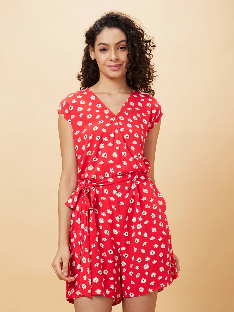 جلو باص Women Red & White Printed V-Neck Playsuit