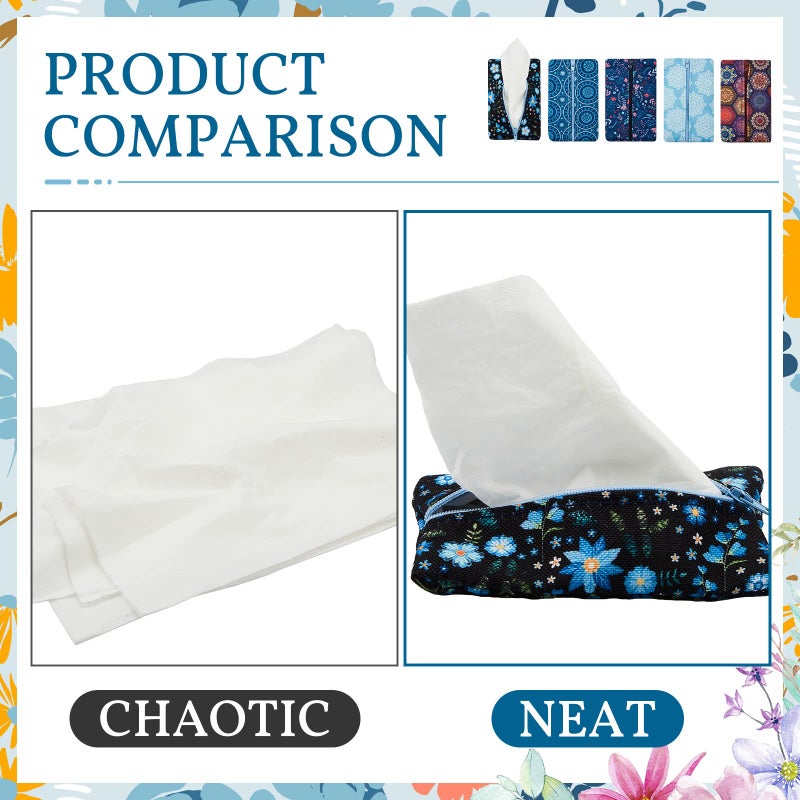 Sherr 5 Pieces Tissues Purse Pocket Tissue Holder Reusable Travel Pouch Fabric Zipper Enclosed Small Size Flower Pattern Holder for Purse Coins for Christmas, 5.25 x 3 Inches (Floral Style) - Image 2