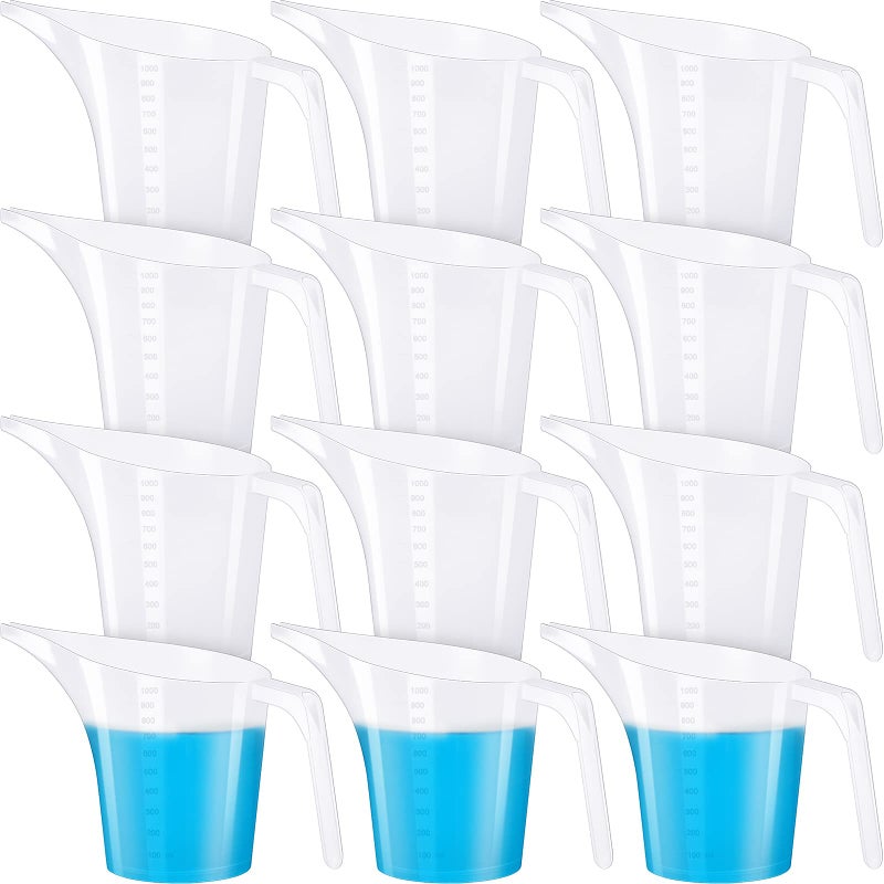 Konohan 12 Pack Measuring Funnel Pitcher 33 oz Large Capacity Plastic Easy Pour Measuring Cup with Spout and Handle Soap Mixing Container for Bakeware Mold Cake Making Oil Filling Muffin Pans