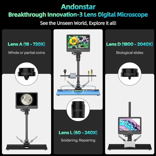 Andonstar AD249S-Max 10.1'' HDMI Digital Microscope with Super Max Soldering Station, Helping Hands, 2000X 3 Lens 2160P UHD Video Record, Soldering Microscope for Electronics Repair, Slides, 32GB Card - Image 2