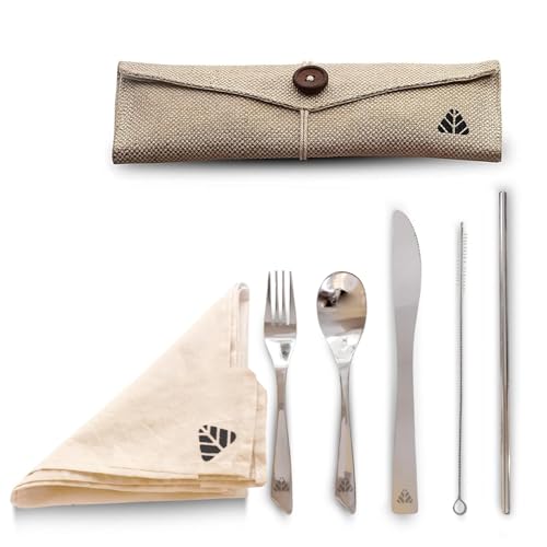 Rusabl Stainless Steel Cutlery Set (Pack of 6, Beige) Reusable Travel Pack for Daily Use, Gifting and Travelling (Spoon, Fork, Knife, Steel Straw, Cleaning Brush, Napkin and Jute Pouch) - Image 1