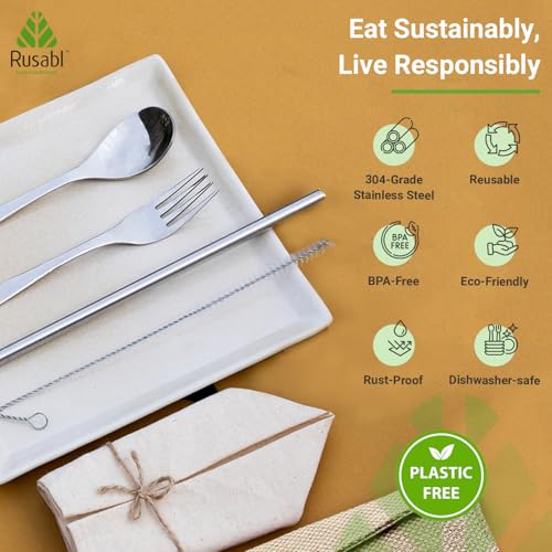Rusabl Stainless Steel Cutlery Set (Pack of 6, Beige) Reusable Travel Pack for Daily Use, Gifting and Travelling (Spoon, Fork, Knife, Steel Straw, Cleaning Brush, Napkin and Jute Pouch) - Image 3