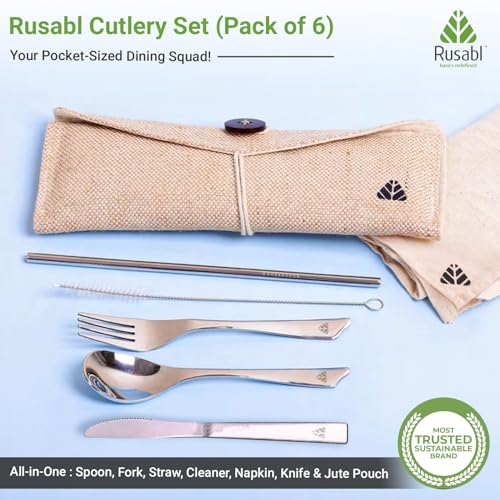 Rusabl Stainless Steel Cutlery Set (Pack of 6, Beige) Reusable Travel Pack for Daily Use, Gifting and Travelling (Spoon, Fork, Knife, Steel Straw, Cleaning Brush, Napkin and Jute Pouch) - Image 2