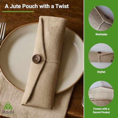 Rusabl Stainless Steel Cutlery Set (Pack of 6, Beige) Reusable Travel Pack for Daily Use, Gifting and Travelling (Spoon, Fork, Knife, Steel Straw, Cleaning Brush, Napkin and Jute Pouch) - Image 4