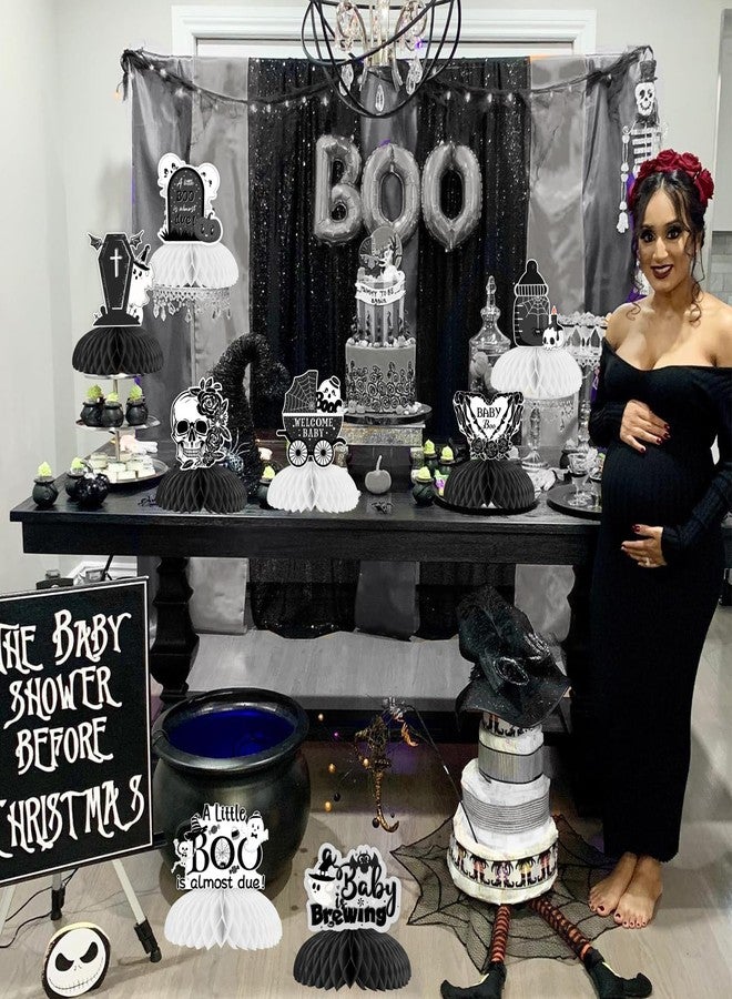 Cheereveal مجموعة تشيريفيل المكونة من 8 قطع لتزيين طاولة حفل استقبال المولود الجديد في الهالوين، على شكل خلية نحل، باللونين الأبيض والأسود، تتضمن جمجمة، شبح، يقطينة، وخفاش. مستلزمات حفلات الكشف عن جنس المولود الجديد في الهالوين - Image 4