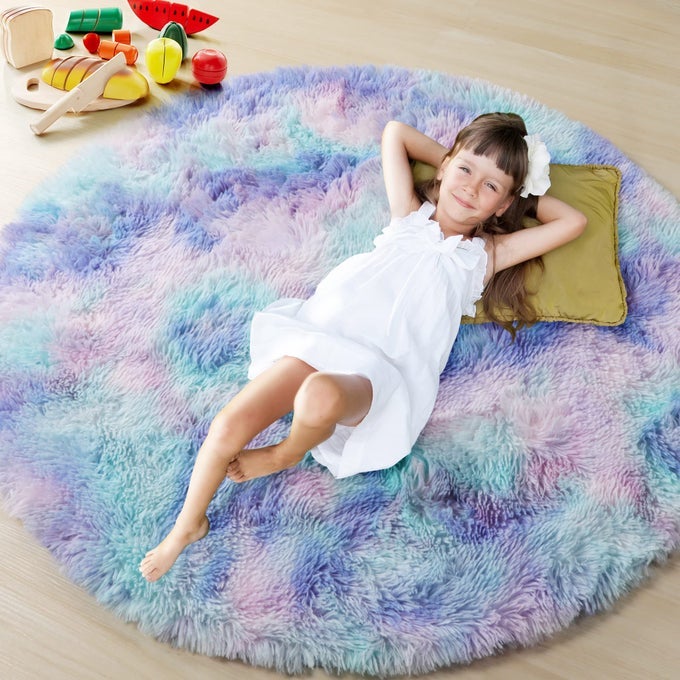 RAINBOW ROUND AREA RUG 4FT SOFT BEDROOM CIRCLE THROW RUGS FOR KIDS GIRLS BOYS TEEN DORM ROOM FLUFFY PLUSH SHAGGY CARPET MATS FOR NURSERY LIVING ROOM PLAYROOM HOME DECOR PRINCESS CASTLE