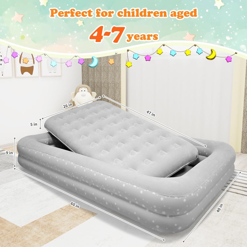 EQURROY Air Mattress for Kids 4-7 Years - Toddler Travel Bed with Built-in Pump, Sides for Safety, Ultra Soft Plush Surface - Portable Kids Sleeping Pad for Camping, Hotels, Sleepovers & Grandparents' House - Image 2