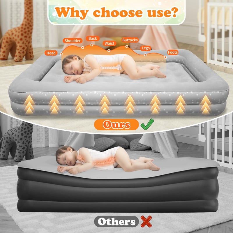 EQURROY Air Mattress for Kids 4-7 Years - Toddler Travel Bed with Built-in Pump, Sides for Safety, Ultra Soft Plush Surface - Portable Kids Sleeping Pad for Camping, Hotels, Sleepovers & Grandparents' House - Image 4