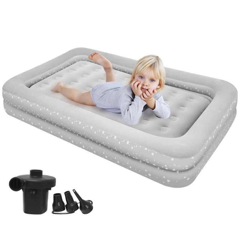 EQURROY Air Mattress for Kids 4-7 Years - Toddler Travel Bed with Built-in Pump, Sides for Safety, Ultra Soft Plush Surface - Portable Kids Sleeping Pad for Camping, Hotels, Sleepovers & Grandparents' House - Image 1