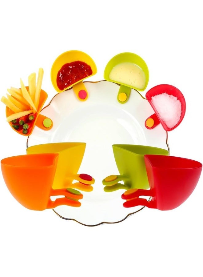 Premify 4  Pieces Dip Clip Bowl Plate Holder, Salad Dressing Containers, Plastic Dish Chip Set For Spice Tomato Sauce Salt Veggie Ketchup Chips, Kitchen & Restaurant Serving Dipping Container 