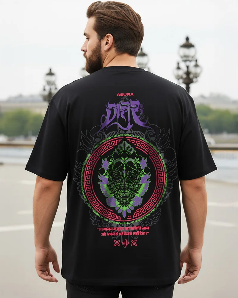 بيواكوف تيشيرت رجالي أسود بطبعة جرافيك بقصة واسعة مقاس كبير