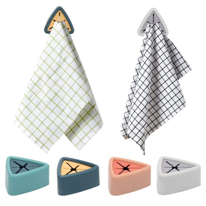 4PCS TOWEL HOOK HOLDER GRABBER DRILL FREE SELF ADHESIVE PUSH HOOKS FIRMLY COLORFUL DISH TOWEL HOLDERS FOR KITCHEN BATHROOM ORGANIZATION