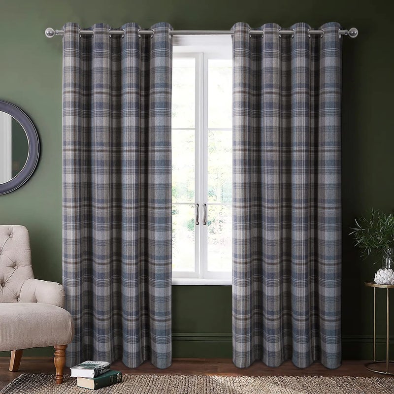 always4u Plaid Gingham Curtains for Living Room Bedroom Room Darkening Check Country Curtains 2 Panels Striped Grommet Window Treatments 45X95 Inch Blue and Brown