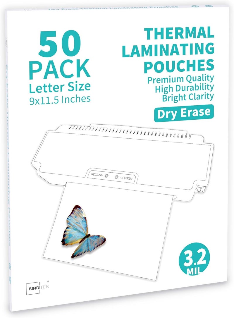 Binditek 50 Pack 3.2 Mil Dry Erase Thermal Laminating Pouches, Dry Erase Compatible, for Letter Size, Heat Seal, Clear Professional Finish, School Office Supplies - Image 1