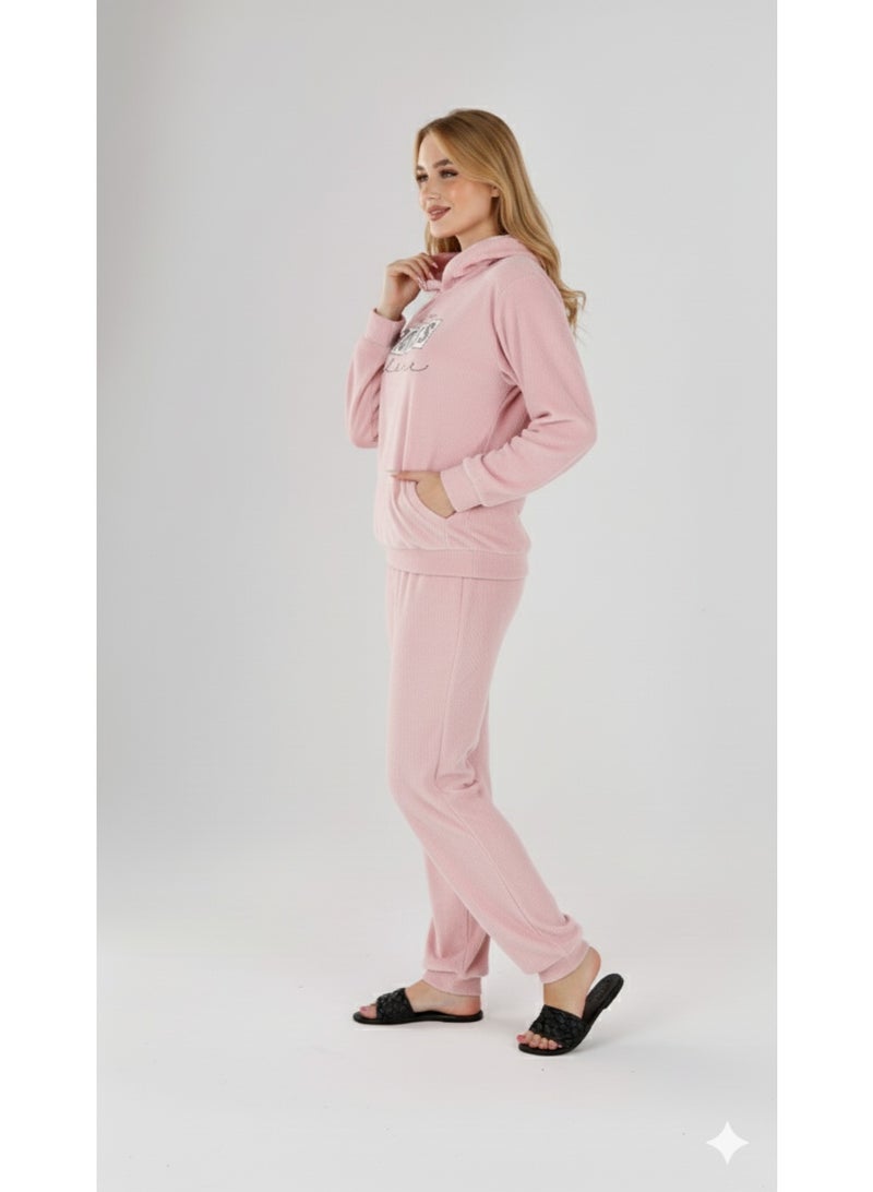 زيكوتكس  طقم بيجامة قطيفة (وردي فاتح) بغطاء رأس - دفء ونعومة لا مثيل لها للمنزل - Image 3