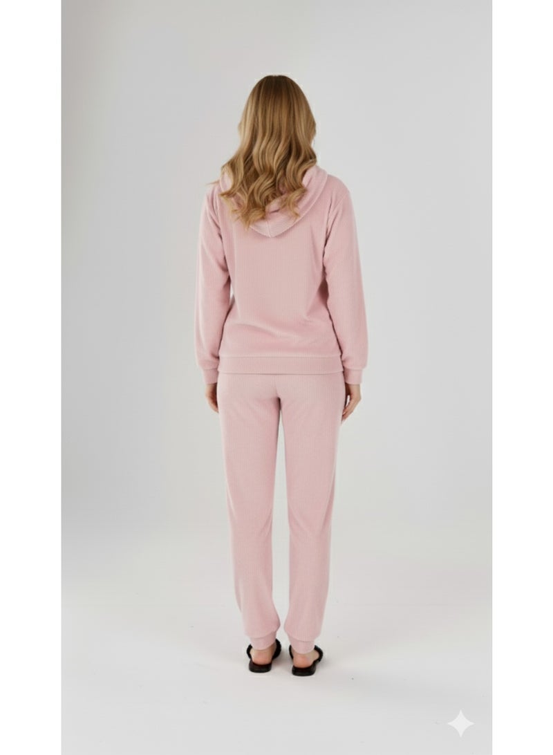 زيكوتكس  طقم بيجامة قطيفة (وردي فاتح) بغطاء رأس - دفء ونعومة لا مثيل لها للمنزل - Image 4