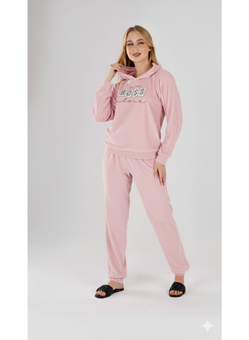 زيكوتكس  طقم بيجامة قطيفة (وردي فاتح) بغطاء رأس - دفء ونعومة لا مثيل لها للمنزل - Image 1