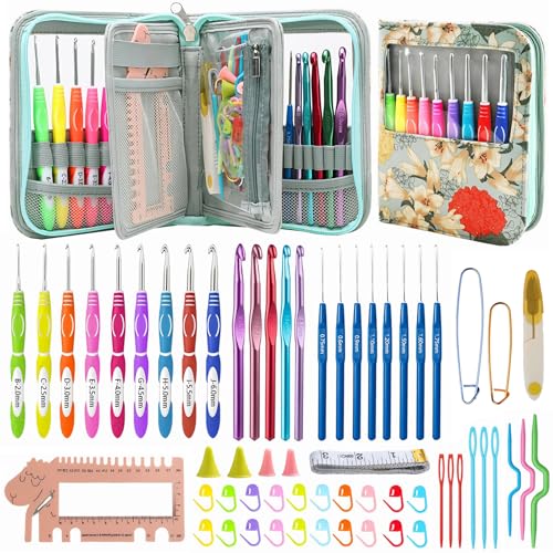 Dasonwin 60Piece Ergonomic Crochet Hooks Set with Travel Case Aluminum Crochet Needles Kit for Beginners Experts ArthritisFriendly DesignIncludes Stitch Markers AccessoriesGreen - Image 1