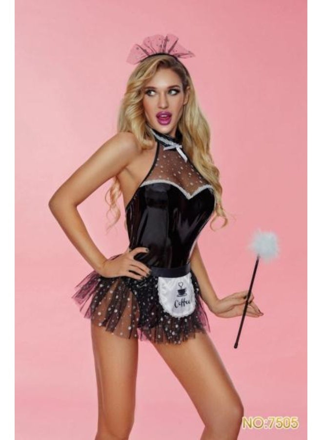 Uniform Temptation Maid Costume Set – Lingerie Cosplay Outfit with Feather Wand, Headdress, Jumpsuit, Skirt, Suspenders, Fishnet Stockings & Halter Design – Dance & Pajamas Roleplay Set - Image 2