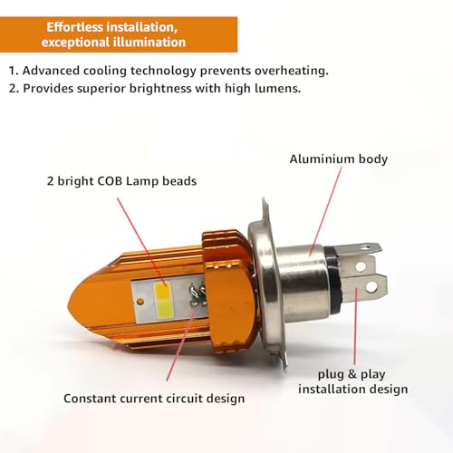 Pivalo H4 LED Power Headlight Bulb Side Super Bright Light Universal For All Bikes Motorcycle Scooty (Set of 1, Yellow & White) - Image 2