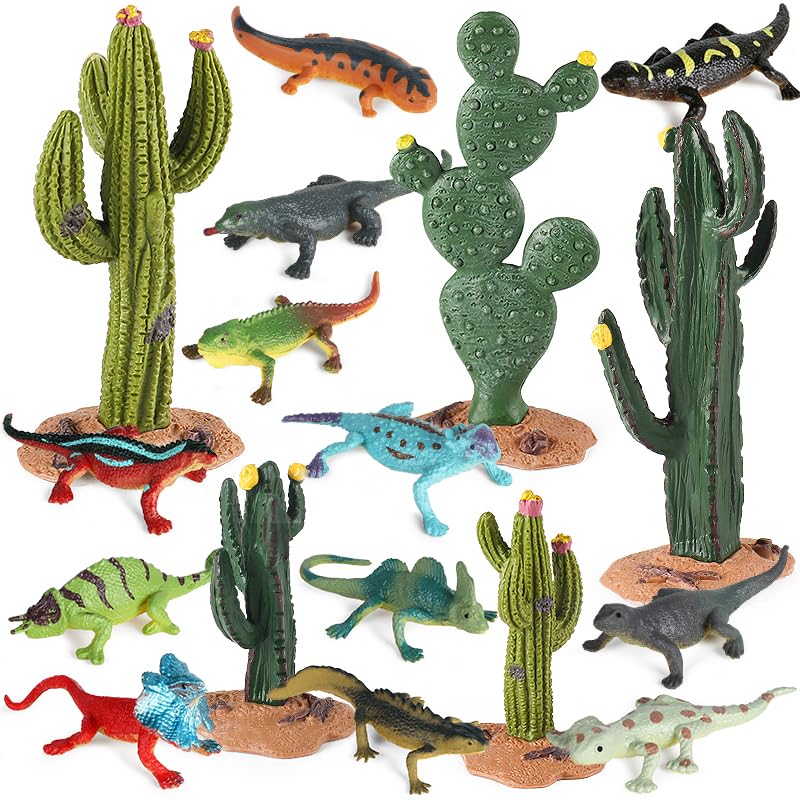 EOIVSH Desert Animal Figurines 17pcs Model Trees Cactus Kit with Lizard Figures for Kids Toddlers Reptile Toy Playset for Diorama Project Cake Topper Decorations - Image 1