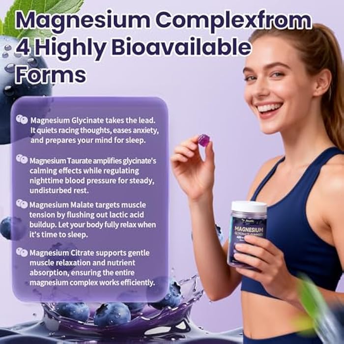 Totaria Magnesium Glycinate Gummies 400mg - Magnesium Complex Gummy with Malate, Taurate & Citrate - Supports Sleep, Relaxation, Brain & Muscle - 60 Count Blueberry Flavor (Sugar Free & Vegan) - Image 5