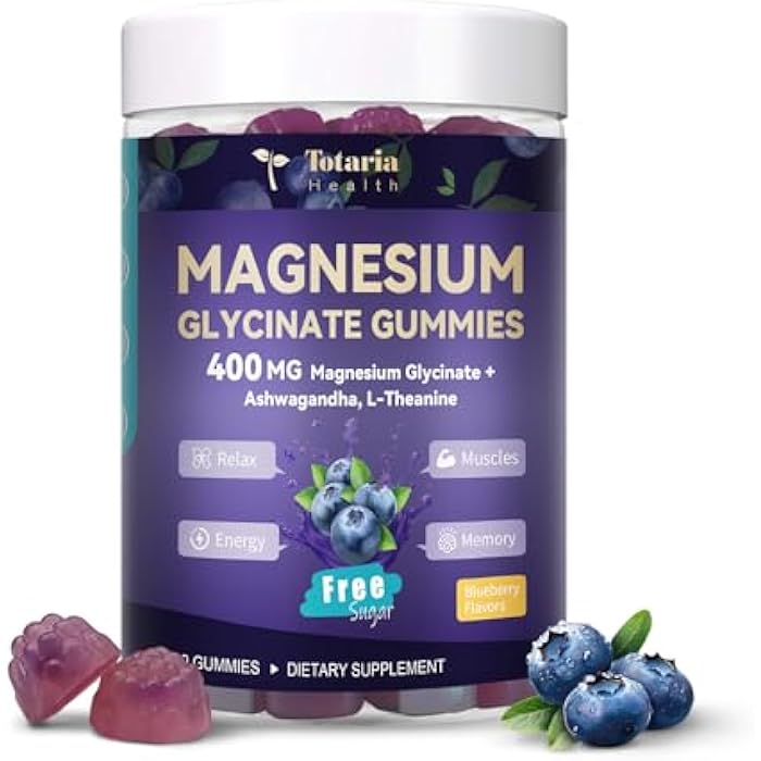 Totaria Magnesium Glycinate Gummies 400mg - Magnesium Complex Gummy with Malate, Taurate & Citrate - Supports Sleep, Relaxation, Brain & Muscle - 60 Count Blueberry Flavor (Sugar Free & Vegan) - Image 1