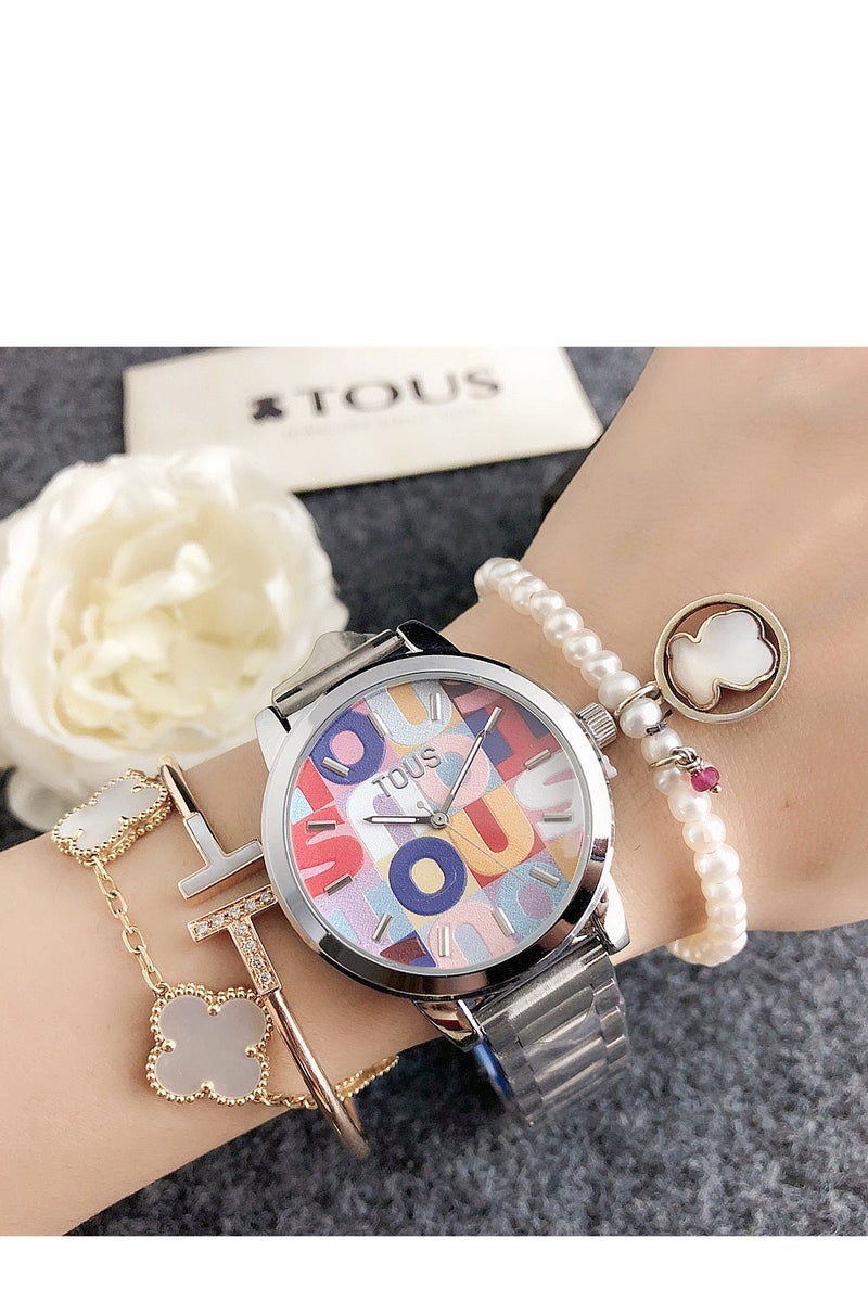 TOUS Silver - Tone Watch: Colorful Logo Dial  Stackable Style