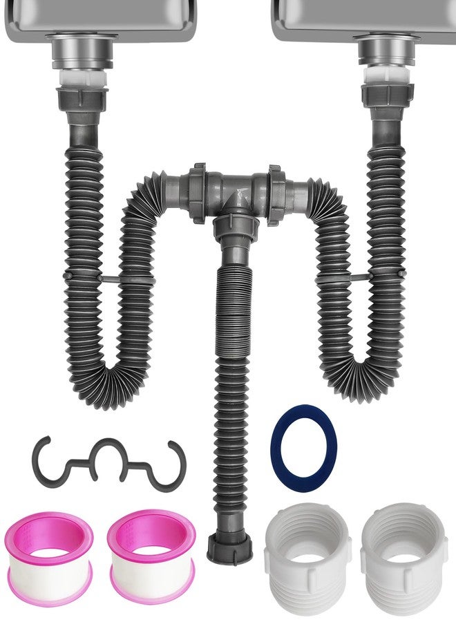 TGEOND Flexible Double Sink Drain P Trap 1-1/2 Inch for Double Bowl Sink, Expandable Tube Sink Drain Pipe Kit Fit for Kitchen, Bathroom, Included 1 1/2" to 1 1/4" Adapter, Connecting Pipe - Image 1