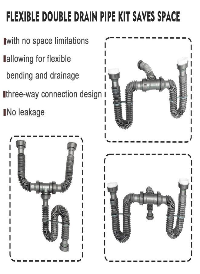 TGEOND Flexible Double Sink Drain P Trap 1-1/2 Inch for Double Bowl Sink, Expandable Tube Sink Drain Pipe Kit Fit for Kitchen, Bathroom, Included 1 1/2" to 1 1/4" Adapter, Connecting Pipe - Image 5