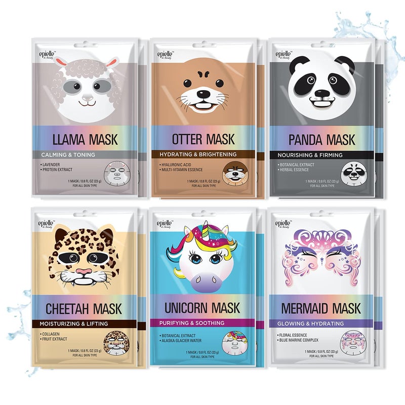 Epielle Character Sheet Masks  Animal Spa Mask 12Pack  For All Skin Types  Ideal Spa Gifts Birthday Party Favors Girls Night Out Skincare Party  Korean Skincare