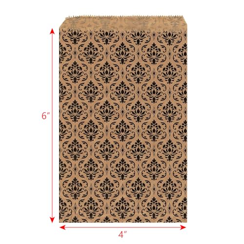 MOOCA 200 Pcs Damask Paper Gift Bags, Small Business, Jewelry, Candy, Popcorn, Cookie & Treat Bags - 4 W x 6 H in, Brown with Black Damask - Image 2