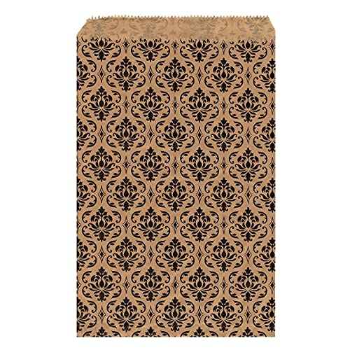 MOOCA 200 Pcs Damask Paper Gift Bags, Small Business, Jewelry, Candy, Popcorn, Cookie & Treat Bags - 4 W x 6 H in, Brown with Black Damask - Image 1