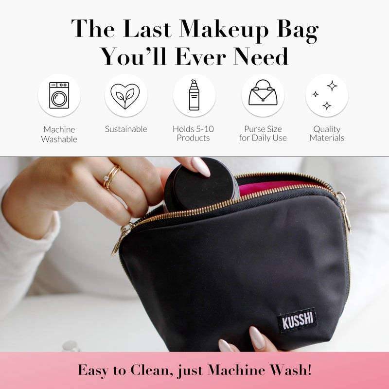 KUSSHI Washable Travel Makeup Bag for Purse (Everyday, Satin Black/Pink) - Image 2