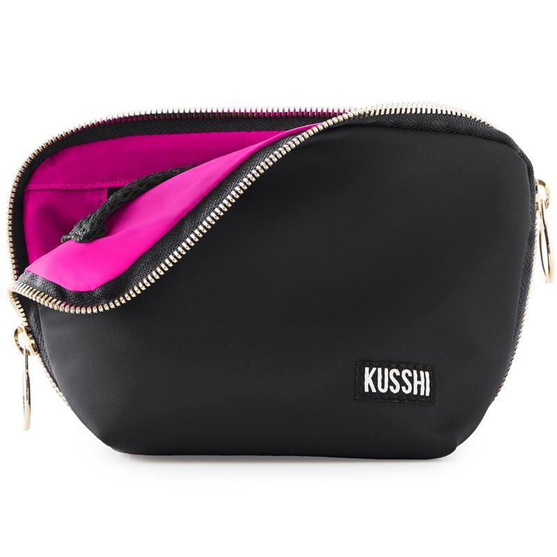 KUSSHI Washable Travel Makeup Bag for Purse (Everyday, Satin Black/Pink) - Image 1