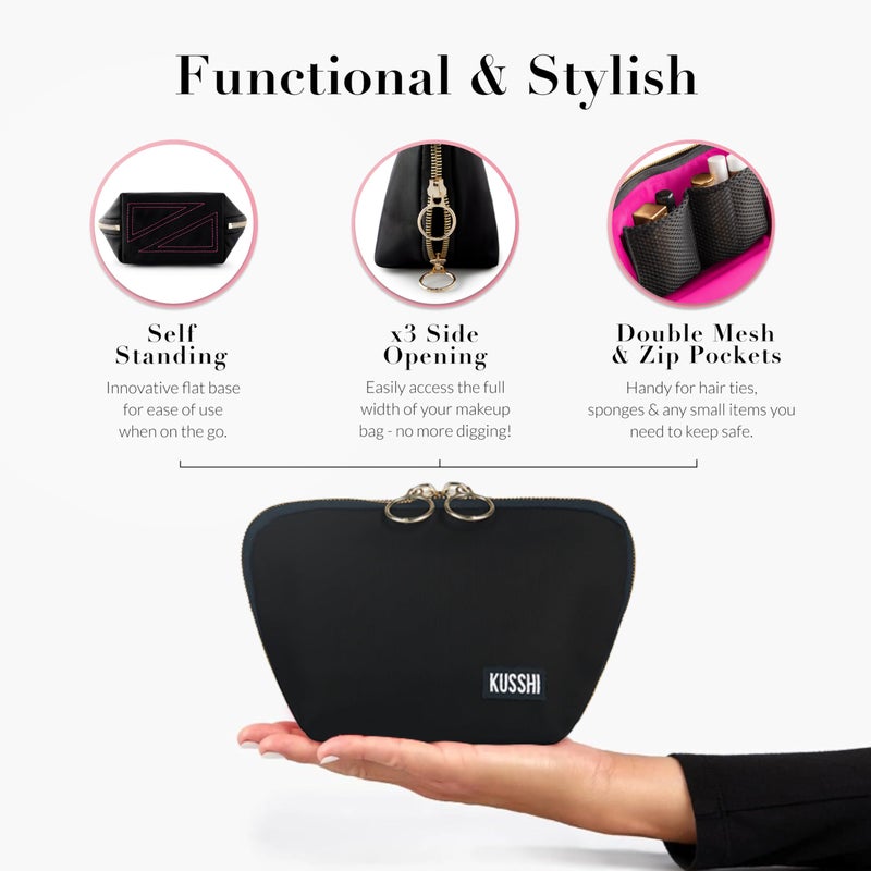 KUSSHI Washable Travel Makeup Bag for Purse (Everyday, Satin Black/Pink) - Image 3