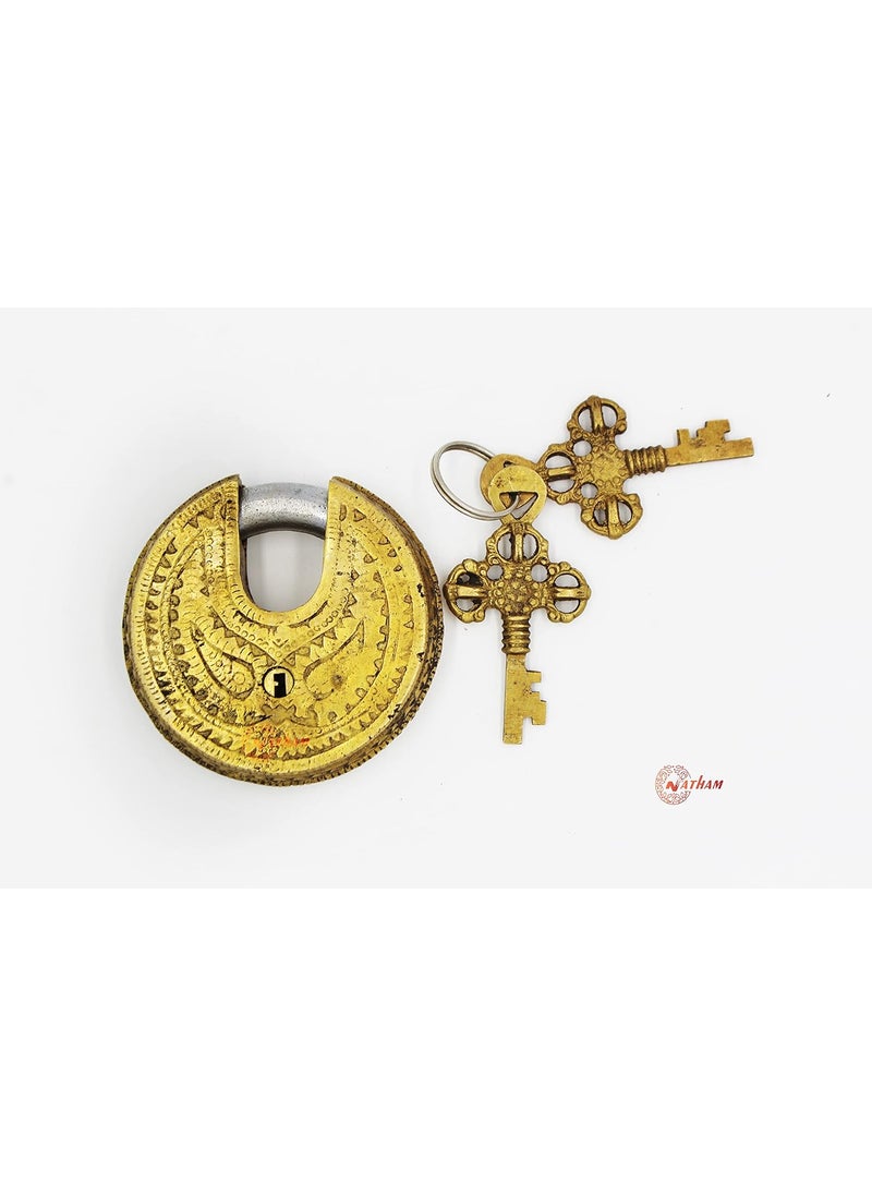 natham - Natham Shankh Circular Brass Functonal Antique Handcrafted LockPadlock 4 x 8 x 4 Cm Weight 250 Gram for Security with 2 Keys - Image 1