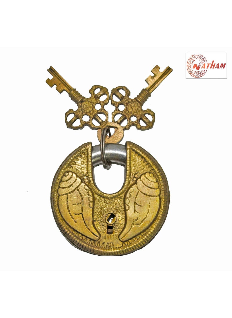 natham - Natham Shankh Circular Brass Functonal Antique Handcrafted LockPadlock 4 x 8 x 4 Cm Weight 250 Gram for Security with 2 Keys - Image 1
