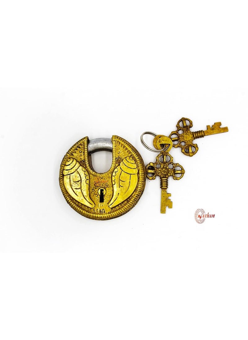 natham - Natham Shankh Circular Brass Functonal Antique Handcrafted LockPadlock 4 x 8 x 4 Cm Weight 250 Gram for Security with 2 Keys - Image 1