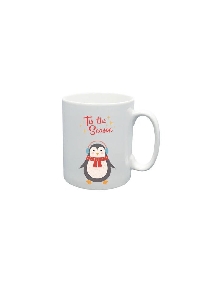 BYFT White Printed Mug 100 % Ceramic Set of 1 (300 Ml, Tis The Season Penguin)