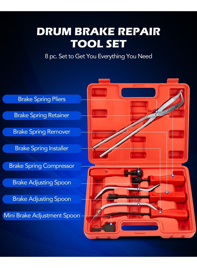 8pc Drum Brake Tool Kit, Drum Brake Tool with Drum Brake Spring Tool, Brake Spring Compressor, Brake Spring Pliers, Drum Brake Adjusting Tool, Brake Spoon Set, Brake Drum Tool Kit  - Image 2
