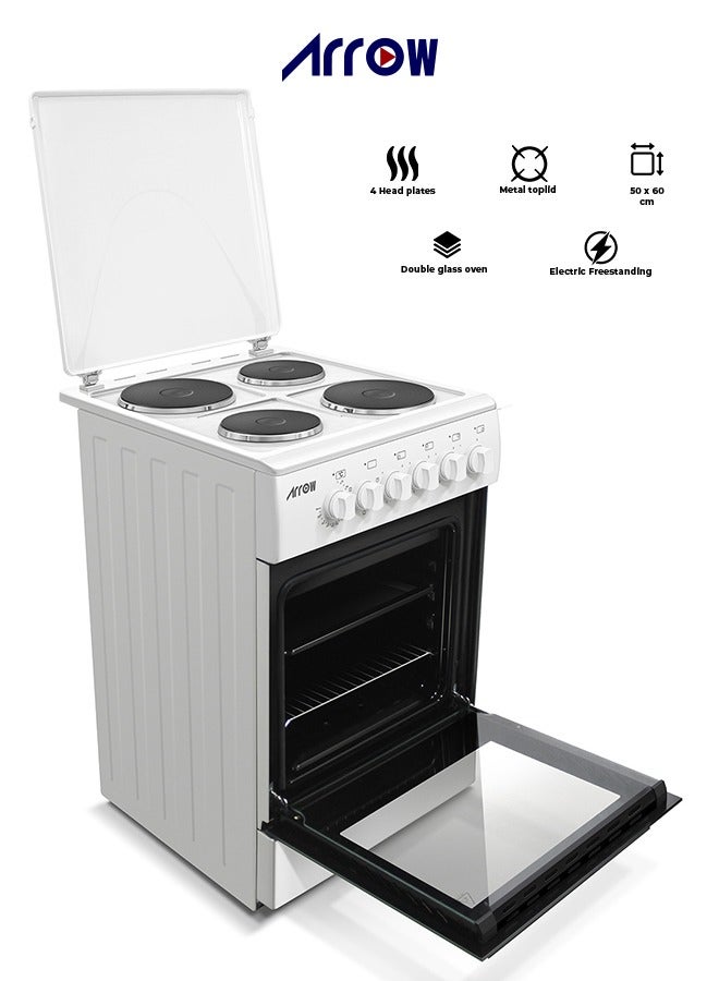 Arrow 50x60 Free-Standing Electric Oven with 4 Hotplates, Double Glass Door, Thermostat Control & Adjustable Legs - White | Model: RO-50LEFK - Image 1