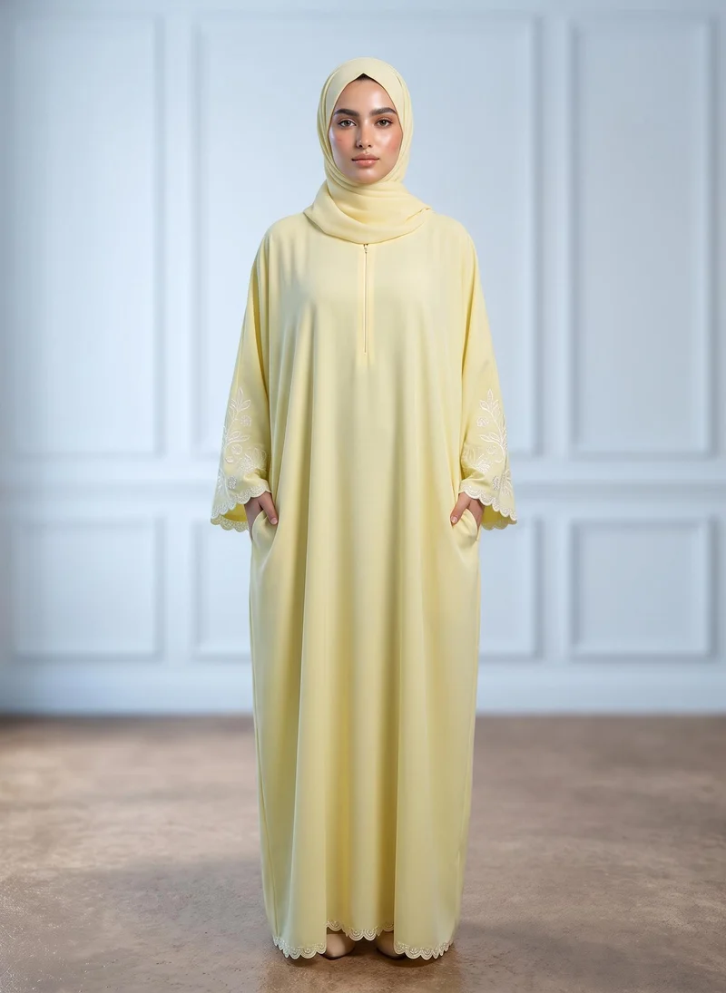 نخبة Pale Yellow Front Zip Embroidered Sleeve Nida Abaya with Pockets-961