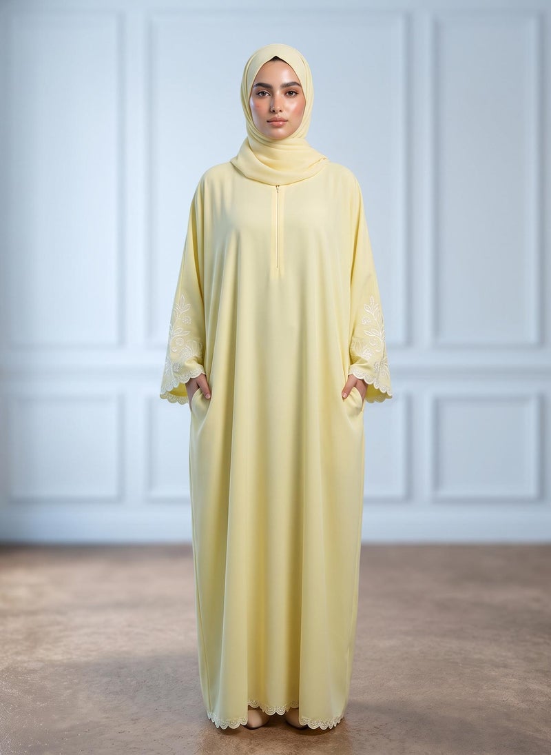 NUKHBAA Pale Yellow Front Zip Embroidered Sleeve Nida Abaya with Pockets-961 - Image 2
