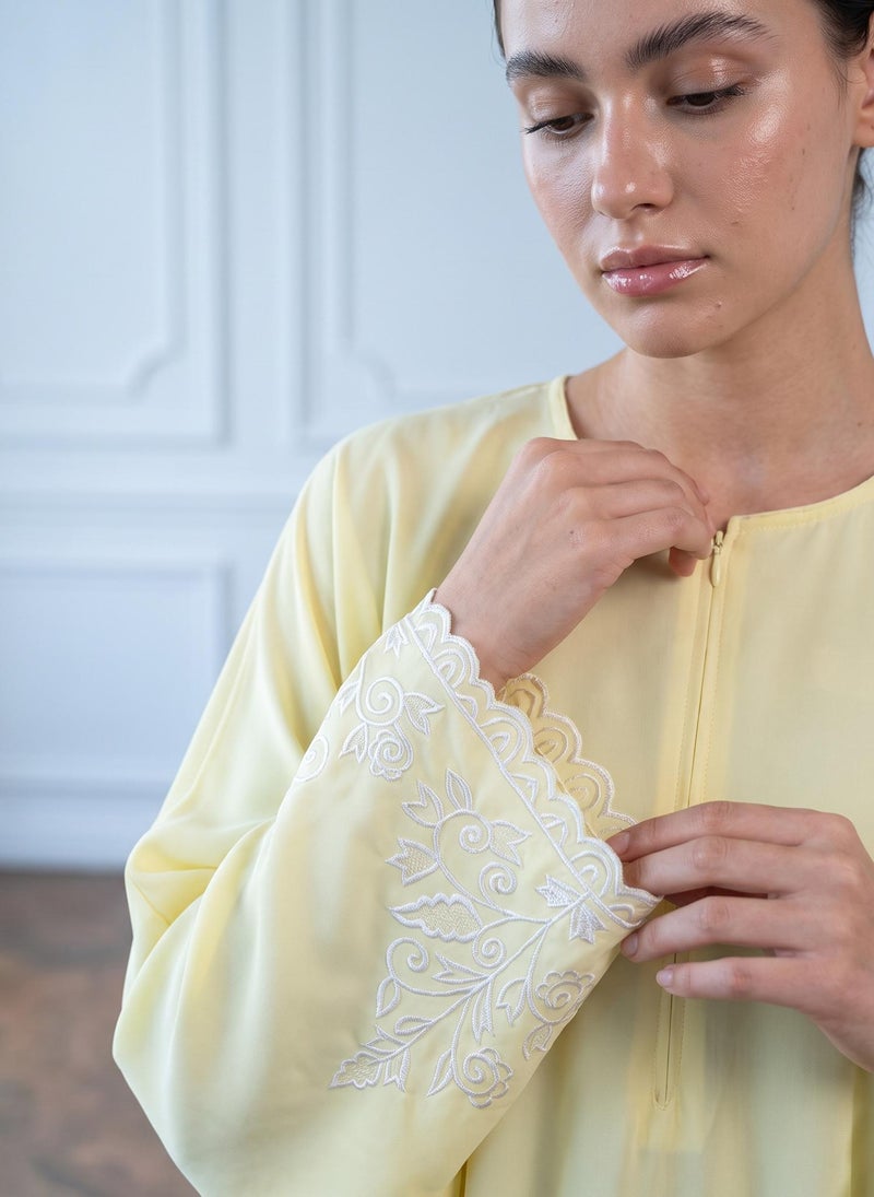 NUKHBAA Pale Yellow Front Zip Embroidered Sleeve Nida Abaya with Pockets-961 - Image 3